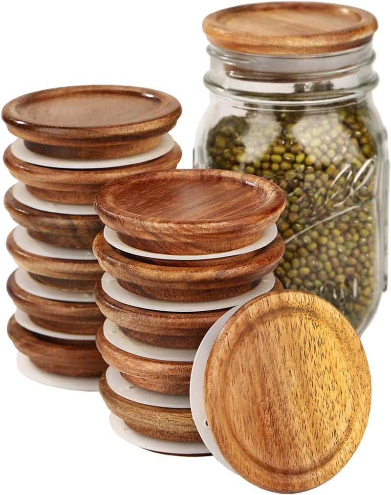DingCo 12 Pack Regular Mouth Mason Jar Lids, Reusable Canning Lids with Wooden and Silicone Seals - Perfect for Canning and Preserving in Mason Jars, Brown - Image 1